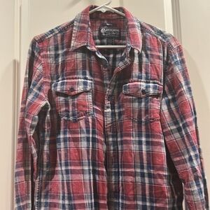 American Rag plaid button down 100% cotton faded design Long Sleeve size S red